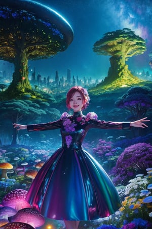 A curious girl with a bouquet of vibrant flowers stands at the edge of a fantastical landscape, surrounded by towering mushrooms and twisted trees. In the background, a glowing alien cityscape stretches towards the sky, bathed in an ethereal multicolored light that casts an otherworldly glow on the scene. The girl's bright smile and outstretched arms seem to welcome the extraterrestrial visitors, as if showcasing her own little patch of wonder amidst this surreal science fiction world. Her bouquet of flowers adds a pop of color to the dreamlike atmosphere, while the cityscape in the distance creates a sense of depth and mystery.