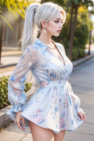 Generate hyper realistic image of a woman in a short dress with a floral print, her long sleeves adding a touch of elegance as she stands in a cowboy shot pose. Her white hair is styled in a chic ponytail, drawing attention to her striking profile and luscious lips, while dangling earrings catch the light.