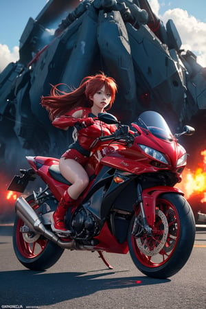 Epic CG masterpiece, Asuka Langley Soryu,hdr,dtm, full ha, charging forward battlefield, the burst meteor, the fierce battle of fighting with his life, 8K, ultra detailed graphic tension, dynamic poses, stunning colors, 3D rendering, surrealism, cinematic lighting effects, realism, 00 renderer, super realistic, full - body photos, super vista, super wide Angle, HD,Asuka Langley Soryu,Asuka Langley Soryu,Asuka Langley Soryu, black with red motorcycle in the background 