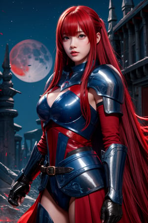 score_9, score_8_up, score_7_up,score_6_up, high resolution, BREAK 1girl, solo, fantasy character, long hair, blue eyes, red hair, bangs, black Armor, hard light, looking at viewer, red moon, moon particles, night,