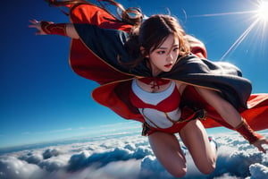 1 girl, flying, 1 girl flying above the clouds, dynamic pose, motion blur, cape, muscular,  longhair , sunlight