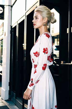 Generate hyper realistic image of a woman in a short dress with a floral print, her long sleeves adding a touch of elegance as she stands in a cowboy shot pose. Her white hair is styled in a chic ponytail, drawing attention to her striking profile and luscious lips, while dangling earrings catch the light.