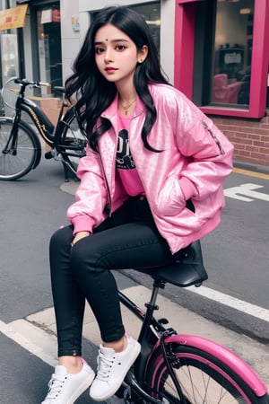 Lovely cute young attractive indian girl, 35 years old, cute long black_hair, black hair, They are wearing a pink , patterned Jen's jacket and black jeans, varsity jacket , white shoes. Riding bike

