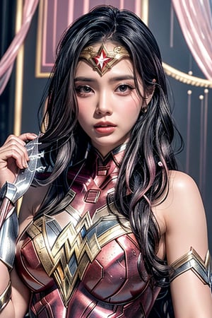 (wonderwoman,iron woman,goddess),Black and white entanglement,crystal and silver entanglement.High Detail,masterpiece,best quality,more detail,Hyper Quality,detailed,more detail,Texture-rich,Delicate texture,(pink tones:1.3)