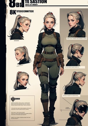 The concept character sheet of a strong, attractive, and hot warrior lady, mad max style, post apocalyptic style, dieselpunk look, dieselpunk setting, dieselpunk soldier girl, wearing techwear and armor, Cyberpunk costumes, In steampunk style, Her face is oval,  forehead is smooth and visibly rounded at the temples. jawline is softly defined,  giving her a gentle and feminine appearance, full body,  Full of details, frontal body view, back body view, Highly detailed, Depth, Many parts,((Masterpiece, Highest quality)), 8k, Detailed face (ponytail hair) (grey hair) (golden eyes), angry expression, Infographic drawing. Multiple sexy poses. tattoos,3d,SAM YANG,incase