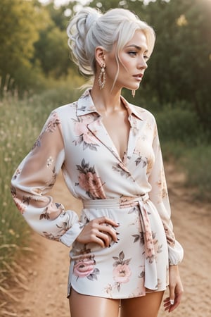 Generate hyper realistic image of a woman in a short dress with a floral print, her long sleeves adding a touch of elegance as she stands in a cowboy shot pose. Her white hair is styled in a chic ponytail, drawing attention to her striking profile and luscious lips, while dangling earrings catch the light.