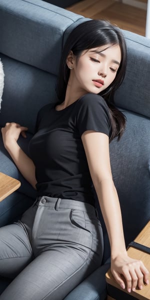 1girl, solo, shirt, black hair, closed mouth, closed eyes, short sleeves, lying, pants, indoors, on back, phone, black pants, stuffed toy, table, sleeping, couch, grey shirt, realistic, on couch