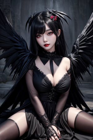 1girl, most beautiful korean girl, Korean beauty model, stunningly beautiful girl, gorgeous girl, 20yo, over sized eyes, big eyes, smiling, looking at viewer, woman in black dress sitting on the ground with wings spread, a portrait by Galen Dara, unsplash, baroque, dark feathered wings, raven angel wings, villainess has black angel wings, raven winged female vampire, raven wings, black wings instead of arms, huge feathery wings, black angel wings, black wings, angel with black wings,masterpiece
