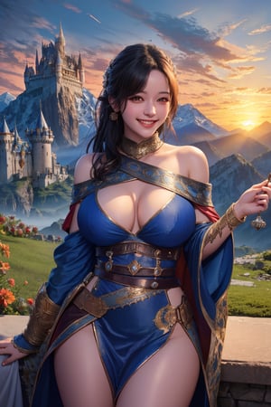 women ,swethaap ,gorgeous, beautiful face, ,off shoulder 2 piece armour sexy ,magic castle , lighting  sky , ruined mountains ,smiling ,, sunset fantasy , masterpiece , sharp eyes, detailed,highres, ,swethaap,photorealistic