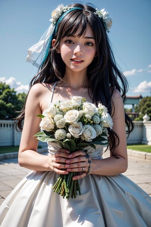 miku hatsune, long hair, white flower garden, wedding dress, holding bouquet, sliming, blue sky, no cloud, smiling, open mouth ray tracing, cinematic lighting, cuteness, freedom, hope, sharp focus, vibrant color, depth of field, cowboy shot, (intricate detail:1.2), (white theme:1.4), (blue tone:1.4), illustration, watercolor art, perfect light, 1 girl, beautiful korean girl, 18 yo, over sized eyes, big eyes, smiling, looking at viewer