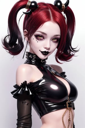 1girl, Luna, sfw,
masterpiece, best quality, 4k, absurdres, 
shiny eyes, smirk, 2D, flat colors, clear colors, white outline,

redhead, (punk), ((goth)), (mohaw), (shave hairstyle), golden eyes,
from below, mistress