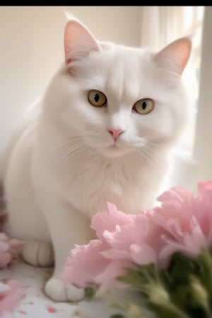 (RAW photo, best quality), (realistic, photo-Realistic:1.1), best quality, masterpiece, beautiful and aesthetic, 16K, (HDR:1.2), high resolution,, looking at viewer, blush, simple background, white background, flower, blurry, no humans, animal, traditional media, cat, realistic, animal focus, whiskers