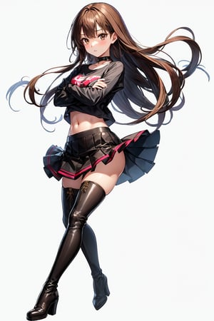 1girl, solo, long hair, skirt, simple background, brown hair, shirt, black hair, thighhighs, white background, navel, brown eyes, full body, boots, midriff, black thighhighs, black footwear, zettai ryouiki, thigh boots, crossed arms, t-shirt