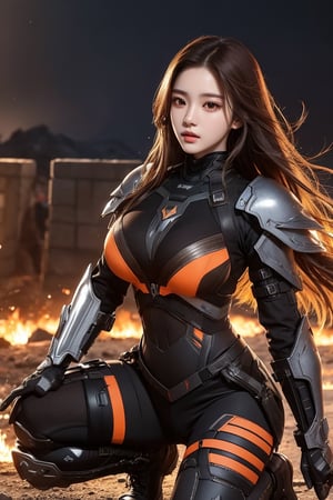 score_9, score_8_up, score_7_up, stellar_blade_tachy, a 17-years-old ethereal and breathtakingly glamorous korean idol, in a war zone, trench, close-up, perfect busty model body, brown eyes, brown long hair, balayage hair, gloves, orange-black two tones armor, combat suit with external skeleton design, pencil sktech, masterpiece, best quality, official art, beauty & aesthetic, IncrsNikkeProfile, zoom layer, holding weapon, holding gun, one knee