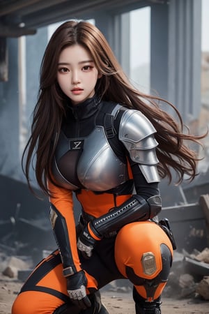 score_9, score_8_up, score_7_up, stellar_blade_tachy, a 17-years-old ethereal and breathtakingly glamorous korean idol, in a war zone, trench, close-up, perfect busty model body, brown eyes, brown long hair, balayage hair, gloves, orange-black two tones armor, combat suit with external skeleton design, pencil sktech, masterpiece, best quality, official art, beauty & aesthetic, IncrsNikkeProfile, zoom layer, holding weapon, holding gun, one knee