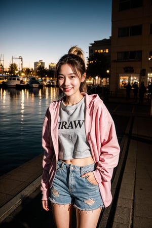 (RAW photo, best quality), (realistic),photo, masterpiece, 1girl,  ponytail, looking at viewer, hoodies, jacket, shorts, at night outdoor, harbor, street, full body, (light smile:0.7),blush, long shot,photorealistic,