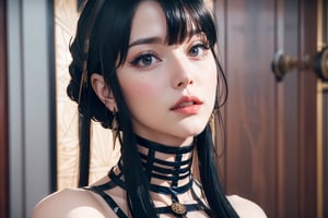 Perfect face, perfect body, blue eyes, glamorous, gorgeous, delicate, romantic, Elizabethan woman, steampunk gothic romanticism, Harrison Fisher dark twist style, anime, zoomed in, short hair with long locks, (thick eyeliner), (eye shadow),(red lips), blush