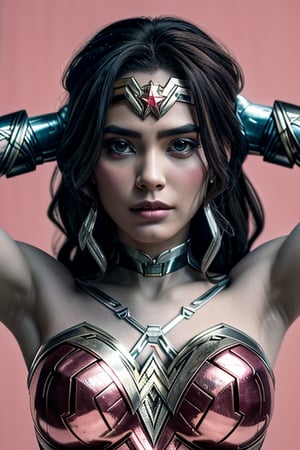 (wonderwoman,iron woman,goddess),Black and white entanglement,crystal and silver entanglement.High Detail,masterpiece,best quality,more detail,Hyper Quality,detailed,more detail,Texture-rich,Delicate texture,(pink tones:1.3)