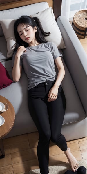 1girl, solo, shirt, black hair, closed mouth, closed eyes, short sleeves, lying, pants, indoors, on back, phone, black pants, stuffed toy, table, sleeping, stuffed animal, couch, grey shirt, realistic, on couch