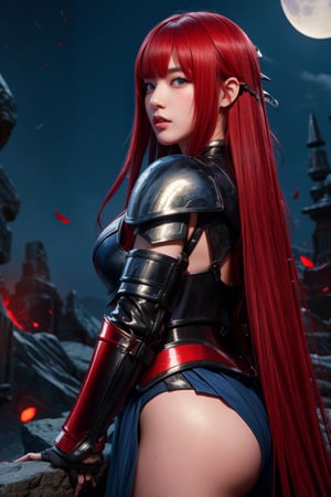 score_9, score_8_up, score_7_up,score_6_up, high resolution, BREAK 1girl, solo, fantasy character, long hair, blue eyes, red hair, bangs, black Armor, hard light, looking at viewer, red moon, moon particles, night,