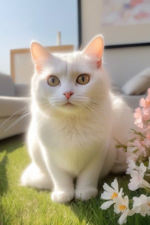 (RAW photo, best quality), (realistic, photo-Realistic:1.1), best quality, masterpiece, beautiful and aesthetic, 16K, (HDR:1.2), high resolution,, looking at viewer, blush, simple background, white background, flower, blurry, no humans, animal, traditional media, cat, realistic, animal focus, whiskers