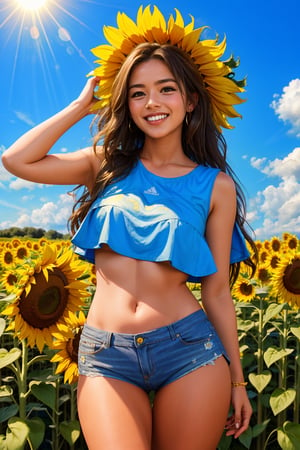 Very beautiful woman, sunflower field, windy, blue long hair flowing with air, holding sunflower, sunny day, giggle, happiness, cloud sky, nature, 8k, midriff