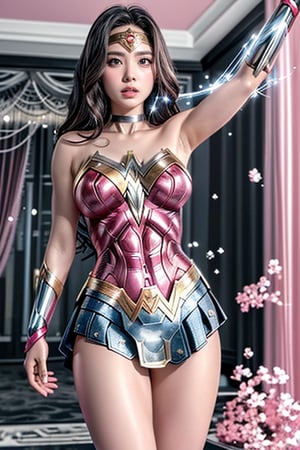 (wonderwoman,iron woman,goddess),Black and white entanglement,crystal and silver entanglement.High Detail,masterpiece,best quality,more detail,Hyper Quality,detailed,more detail,Texture-rich,Delicate texture,(pink tones:1.3)