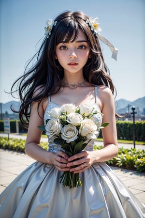 miku hatsune, long hair, white flower garden, wedding dress, holding bouquet, sliming, blue sky, no cloud, smiling, open mouth ray tracing, cinematic lighting, cuteness, freedom, hope, sharp focus, vibrant color, depth of field, cowboy shot, (intricate detail:1.2), (white theme:1.4), (blue tone:1.4), illustration, watercolor art, perfect light, 1 girl, beautiful korean girl, 18 yo, over sized eyes, big eyes, smiling, looking at viewer