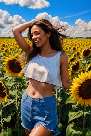 Very beautiful woman, sunflower field, windy, blue long hair flowing with air, holding sunflower, sunny day, giggle, happiness, cloud sky, nature, 8k, midriff