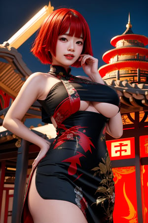 cowboy shot,photo real,photo,1girl,cowboy shot,((red bob cut)),(red multicolored hair,blunt bangs),Best Quality, 32k, photorealistic, ultra-detailed, finely detailed, high resolution, perfect dynamic composition, beautiful detailed eyes, sharp-focus,(looking at viewer), front_view,(((black china dress))),(black chinese dress),(evil smile),((white gazebo)),(evil),Chinese town,Shanghai,Chinese city,(midnight,night),side boobs,side_breast
