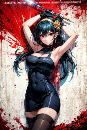XUER Yor Forger,1girl,yor briar,red eyes,solo,dress,black hair,black dress,breasts,gloves,red background,holding,fingerless gloves,large breasts,holding weapon,black gloves,thighhighs,pantyhose,looking at viewer,blood,earrings,hairband,jewelry,bare shoulders,hair ornament,two-sided dress,sleeveless,armpits,dual wielding,flower,A shot with tension,(Visual impact,giving the poster a dynamic and visually striking appearance:1.2),impactful picture,(masterpiece, best quality:1.2),offcial art,movie perspective,advertising style,magazine cover,very aesthetic,disheveled hair,very aesthetic,illustration,disheveled hair,perfect composition,moist skin,intricate details,