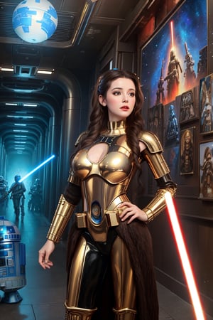  art by boris vallejo, art by gustav klimt, art by brom, a masterpiece, stunning beauty, hyper-realistic oil painting, vibrant colors, princess leia , chewbacca the wookie, c3po the robot, r2d2 the robot, a death star corridor, wearing Star Wars empire outfits, open to a spiral galaxy, Star Wars feel, stormtroopers, lasers, 