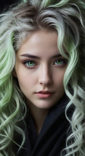 masterpiece, highly detailed image of a  girl with light gray eyes, Light green long frizzy hair, punk hairstyle, sweet and shy expression, little smile, cozy lighting, very dark background,  portrait, unusual composition, use of negative space, spectral, close-up, detailed eyes, detailed mouth,LegendDarkFantasy