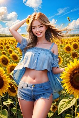 Very beautiful woman, sunflower field, windy, blue long hair flowing with air, holding sunflower, sunny day, giggle, happiness, cloud sky, nature, 8k, midriff