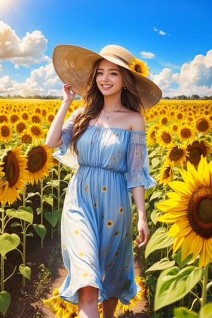 Very beautiful woman, sunflower field, windy, blue long hair flowing with air, holding sunflower, sunny day, giggle, happiness, cloud sky, nature, 8k