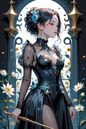 melancholic pastel art, 1 girl, gown (made of real flowers), beautiful, (petite:1.0), (curvy:1.0), (finedetails:1.2),(goth:0.9), ornamented cane,Expressiveh,dark theme,glitter,shiny