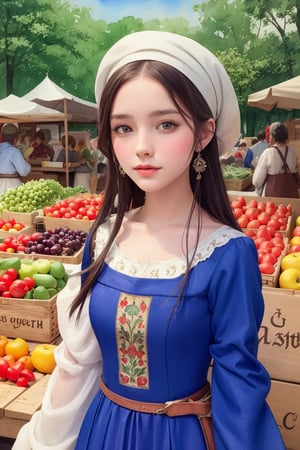 A medieval girl in traditional dress, vegetables and fruits, at a farmer's market, mysterious medieval, masterpiece,High detailed,watercolor,simplecats,swedish dress