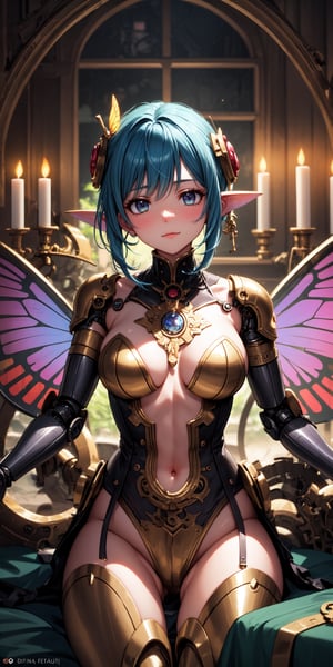 In the dimly lit, ornate chamber of a mystical steampunk realm, a faerie girl with delicate features and iridescent butterfly wings sprawls amidst a tapestry of gears and cogs. A robot cat, its mechanical limbs splayed in relaxation, rests beside her as candlelight dances across their faces. The soft glow casts a warm ambiance, rendering the intricate details of the steampunk contraptions and the faerie's ethereal wings in exquisite 8K HDR resolution, with an impressive bokeh effect blurring the background.