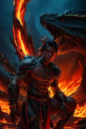 masterpiece, 16k Fantasy art style I want a dragon woman with dragon scales and yellow eyes and with a pupil like a dragon, his skin has scales, a penetrating, natural and powerful gaze. that this is the apocalyptic landscape with fire or lava,More Detail y don't want any dragon in the back ,DRG,apocalypse
