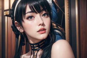 Perfect face, perfect body, blue eyes, glamorous, gorgeous, delicate, romantic, Elizabethan woman, steampunk gothic romanticism, Harrison Fisher dark twist style, anime, zoomed in, short hair with long locks, (thick eyeliner), (eye shadow),(red lips), blush