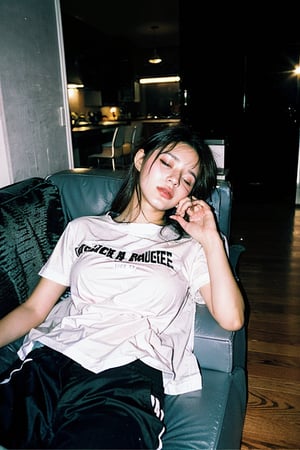 (intimate photo), photorealistic, 1girl, (busty) Korean girl, K-pop idol, 20 year old, young, solo, shirt, black hair, closed mouth, closed eyes, short sleeves, lying, pants, indoors, on back, phone, black pants, stuffed toy, table, sleeping, couch, grey shirt, realistic, on couch