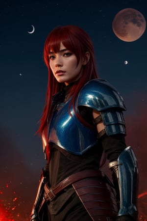 score_9, score_8_up, score_7_up,score_6_up, high resolution, BREAK 1girl, solo, fantasy character, long hair, blue eyes, red hair, bangs, black Armor, hard light, looking at viewer, red moon, moon particles, night,photorealistic