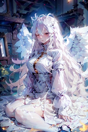 1woman, white_skin, closed_eyes, big_angel_wings ,no_humans, long white dress with long sleeves and white heels, high_resolution, blindfold, sitting, praying, long_hair, blond_hair,beautyniji,angel_wings,Priya varrier,Angel