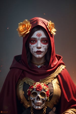 woman dressed sugar skull costume flowers, amazing octane render, thick dust red tones, wearing golden halo, saint woman, white skeleton face, wearing dark hood, hyperrealistic concept art, flower,
