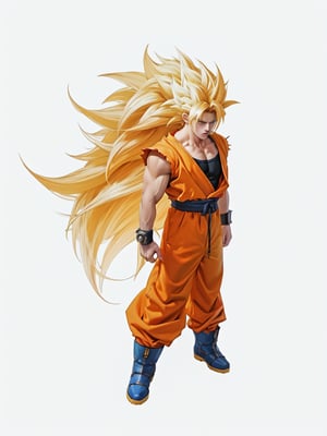 best quality, highres, solo, long hair, blonde hair, simple background, 1boy, white background, very long hair, standing, full body, male focus, boots, muscular, halo, spiked hair, wristband, blue footwear, dougi, super saiyan, no eyebrows, super saiyan 1, son goku