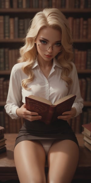 (score_9, score_8_up), score_7_up, head to hips view, tiny, slender, librarian sitting, reading a book in the dark corner of the library, eye_glasses, extra long blonde wavy hair, luxurious and voluminous, (dark red micro skirt:1.1), (white panties:1.1), pov,