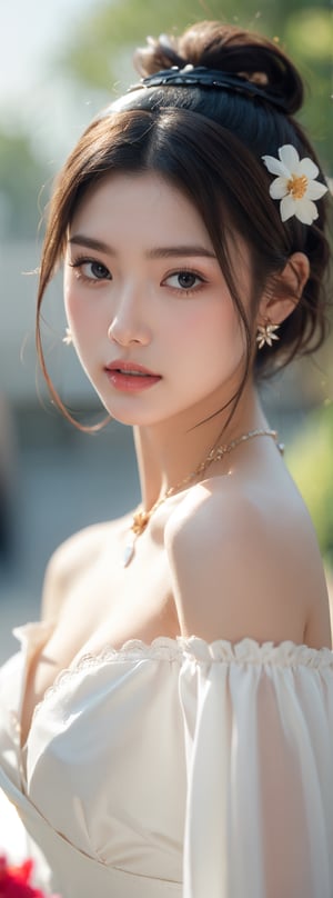 1girl, solo, breasts, looking at viewer, short hair, brown hair, black hair, dress, cleavage, bare shoulders, jewelry, medium breasts, upper body, flower, hairband, earrings, parted lips, teeth, medium hair, necklace, off shoulder, white dress, blurry, black eyes, lips, blurry background, ring, realistic