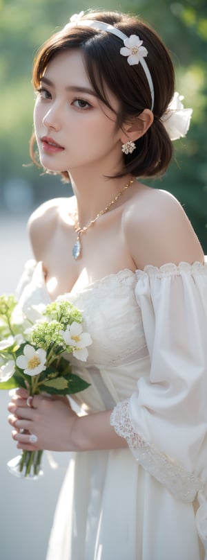 1girl, solo, breasts, looking at viewer, short hair, brown hair, black hair, dress, cleavage, bare shoulders, jewelry, medium breasts, upper body, flower, hairband, earrings, parted lips, teeth, medium hair, necklace, off shoulder, white dress, blurry, black eyes, lips, blurry background, ring, realistic