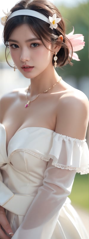 1girl, solo, breasts, looking at viewer, short hair, brown hair, black hair, dress, cleavage, bare shoulders, jewelry, medium breasts, upper body, flower, hairband, earrings, parted lips, teeth, medium hair, necklace, off shoulder, white dress, blurry, black eyes, lips, blurry background, ring, realistic