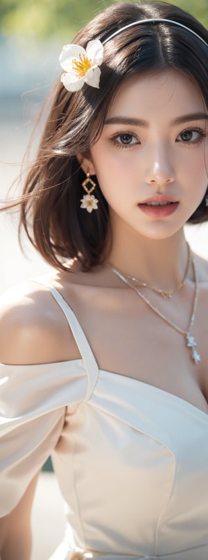 1girl, solo, breasts, looking at viewer, short hair, brown hair, black hair, dress, cleavage, bare shoulders, jewelry, medium breasts, upper body, flower, hairband, earrings, parted lips, teeth, medium hair, necklace, off shoulder, white dress, blurry, black eyes, lips, blurry background, ring, realistic